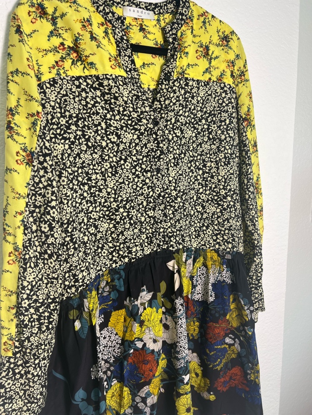 Sandro Floral Patchwork Mini Dress Yellow Black Long Sleeve Boho Size 2 - Picture 12 of 13